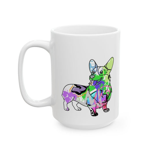 Corgi-themed graffiti style design on a ceramic mug, perfect for dog lovers and street art enthusiasts