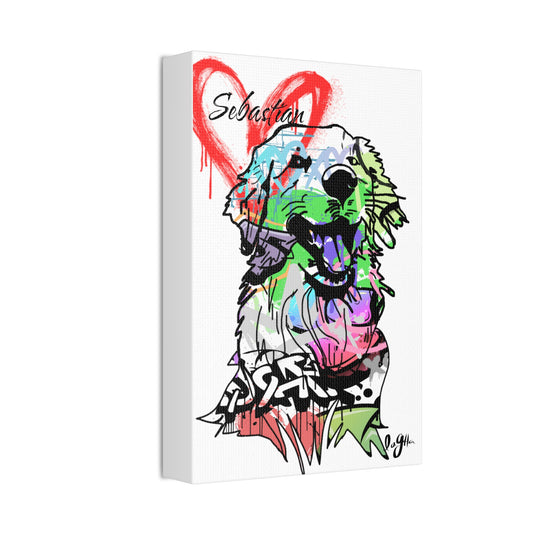 Golden Retriever portrait painted on vibrant graffiti canvas, showcasing urban art and canine beauty
