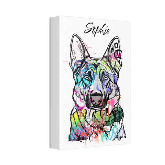 German Shepherd graffiti art on urban wall, showcasing vibrant street style and canine-themed mural design.