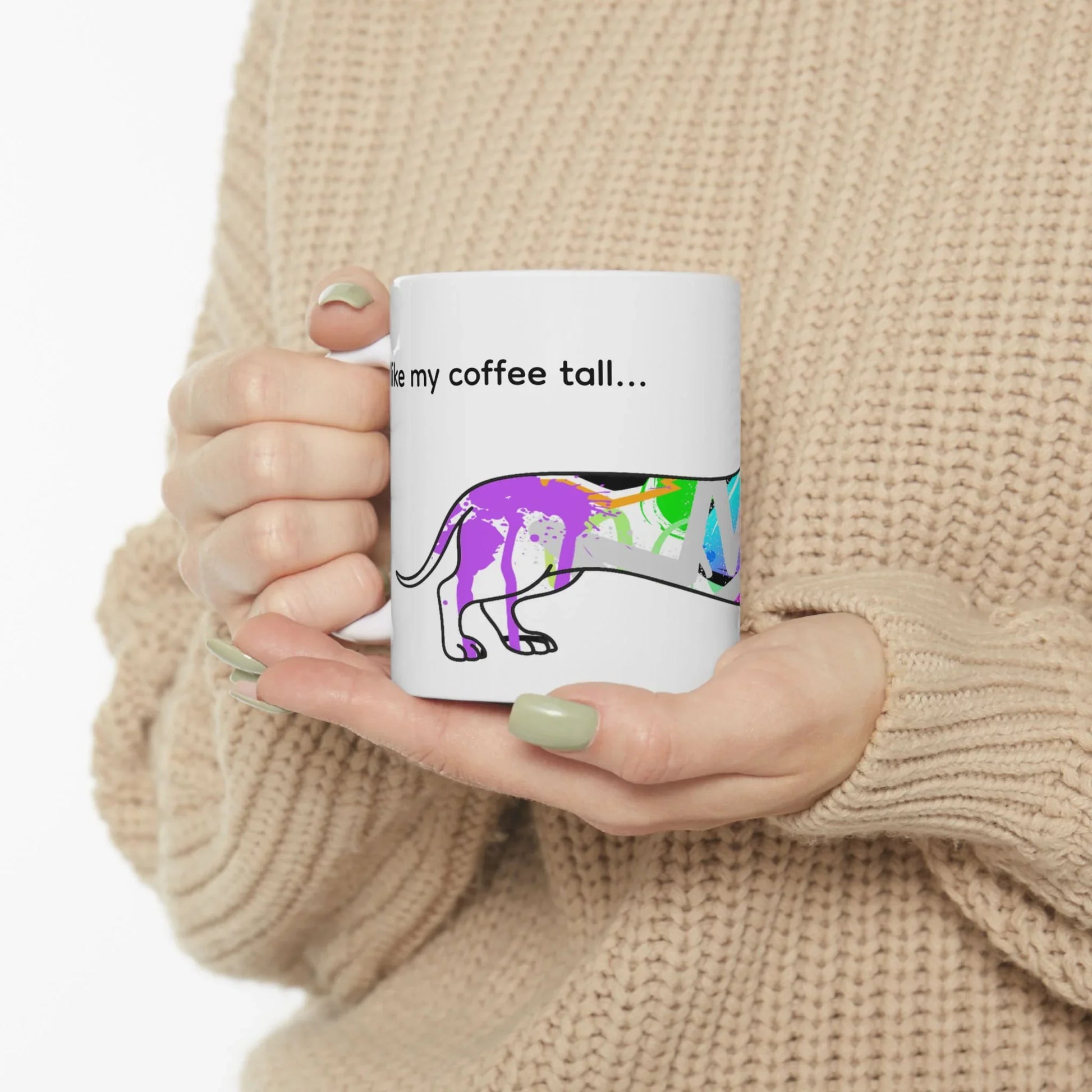 Dachshund Mug | Graffiti Street Art Dog Gift | 'I Like My Coffee Tall and My Dogs Long' | Wraparound Design - LaGrutta Art and Designs
