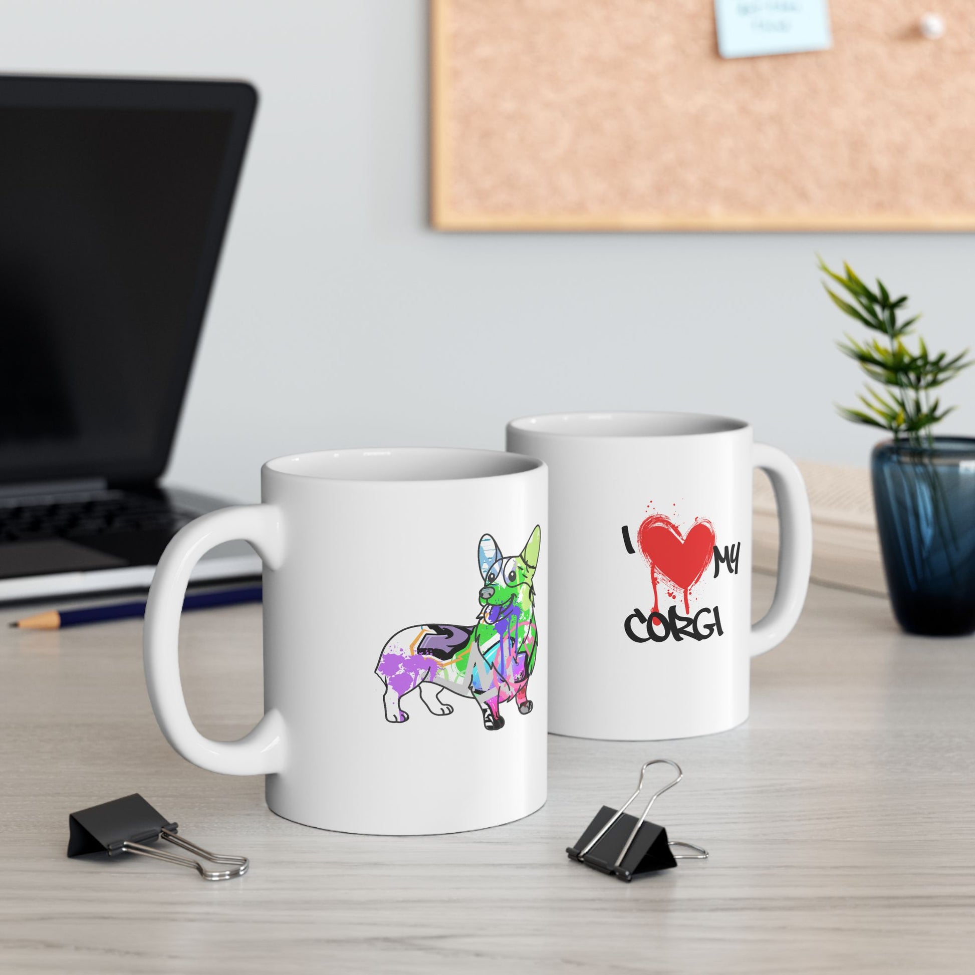 Corgi-themed graffiti style design on a ceramic mug, perfect for dog lovers and street art enthusiasts