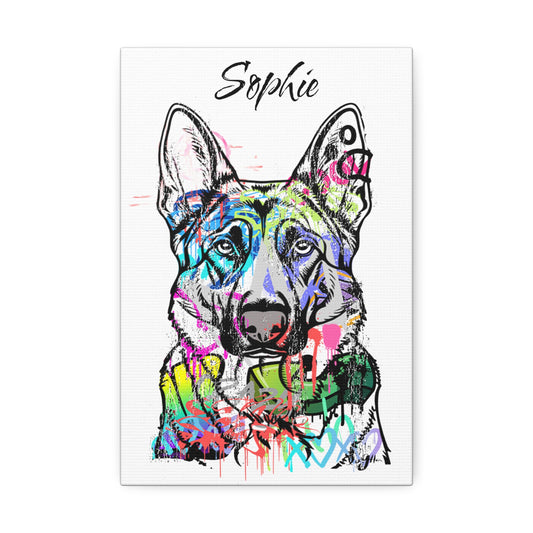 German Shepherd graffiti art on urban wall, showcasing vibrant street style and canine-themed mural design.