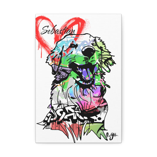 Golden Retriever portrait painted on vibrant graffiti canvas, showcasing urban art and canine beauty