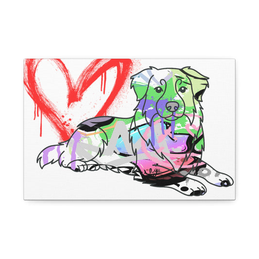 Australian Shepherd dog portrait featuring vibrant graffiti print background and urban street art design
