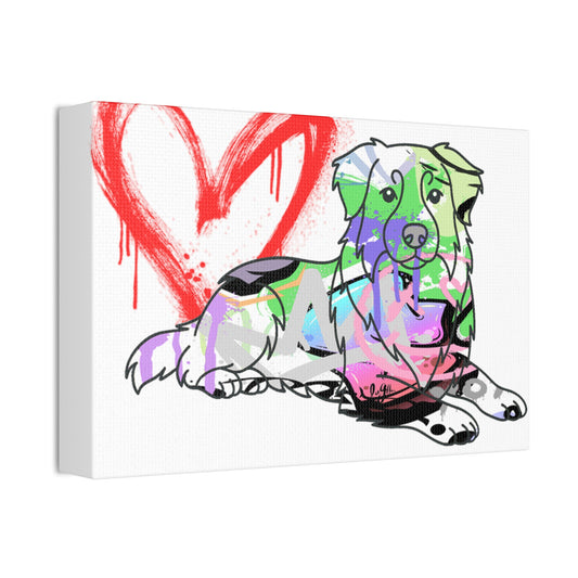 Australian Shepherd dog portrait featuring vibrant graffiti print background and urban street art design