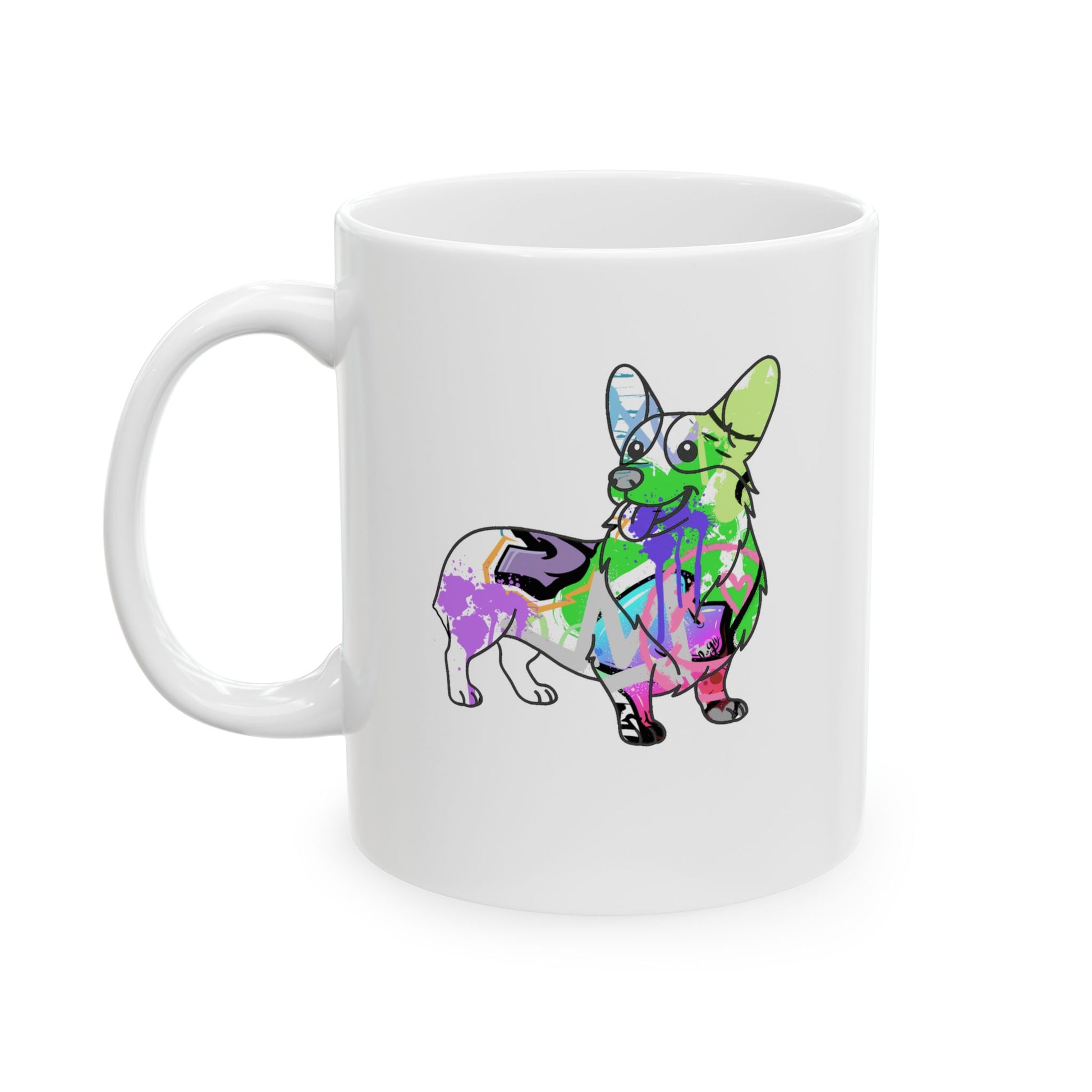 Corgi-themed graffiti style design on a ceramic mug, perfect for dog lovers and street art enthusiasts