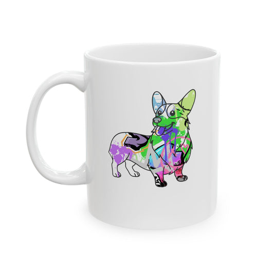 Corgi-themed graffiti style design on a ceramic mug, perfect for dog lovers and street art enthusiasts